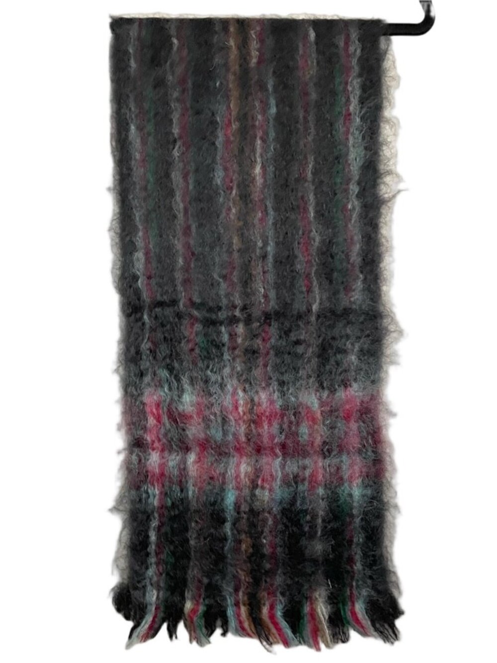 Vintage Black Multicoloured 100% Mohair Wool Fringed Scarf - 55 x 11.5" - Picture 7 of 9